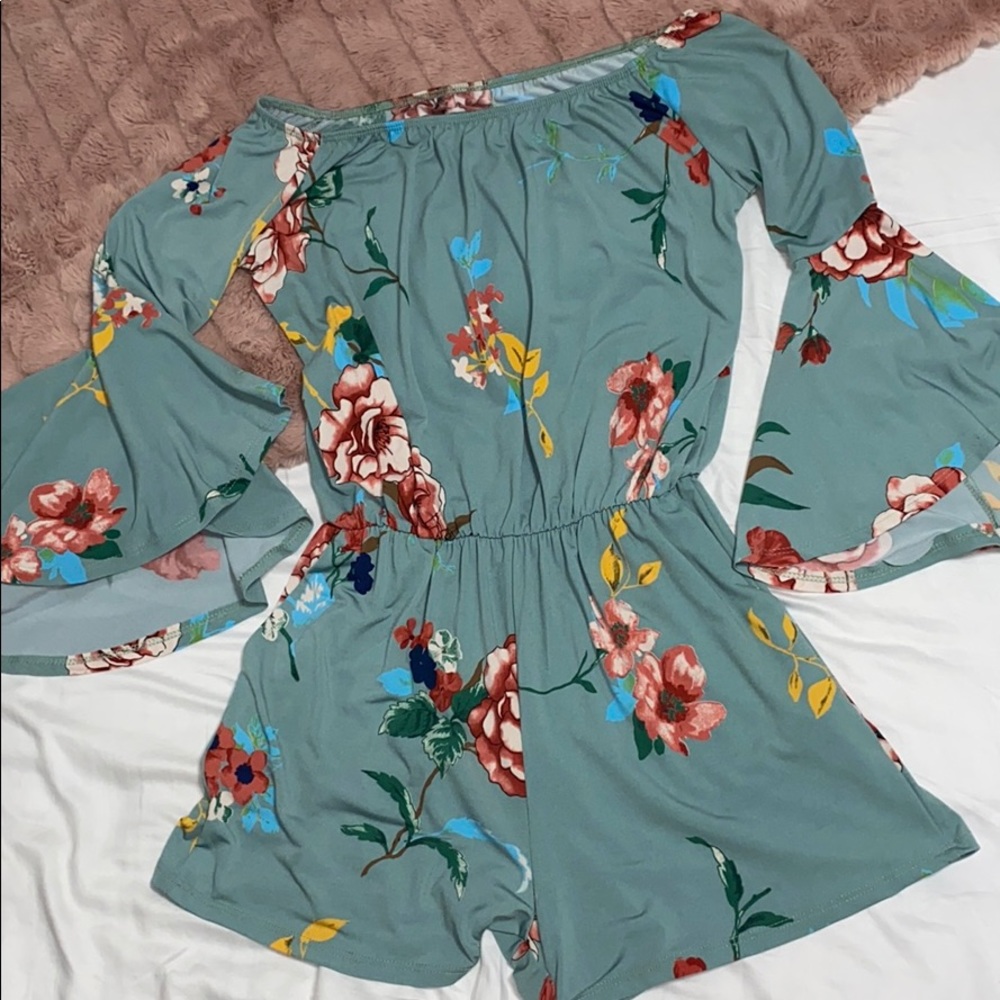 Blue Floral Off the Shoulder Romper